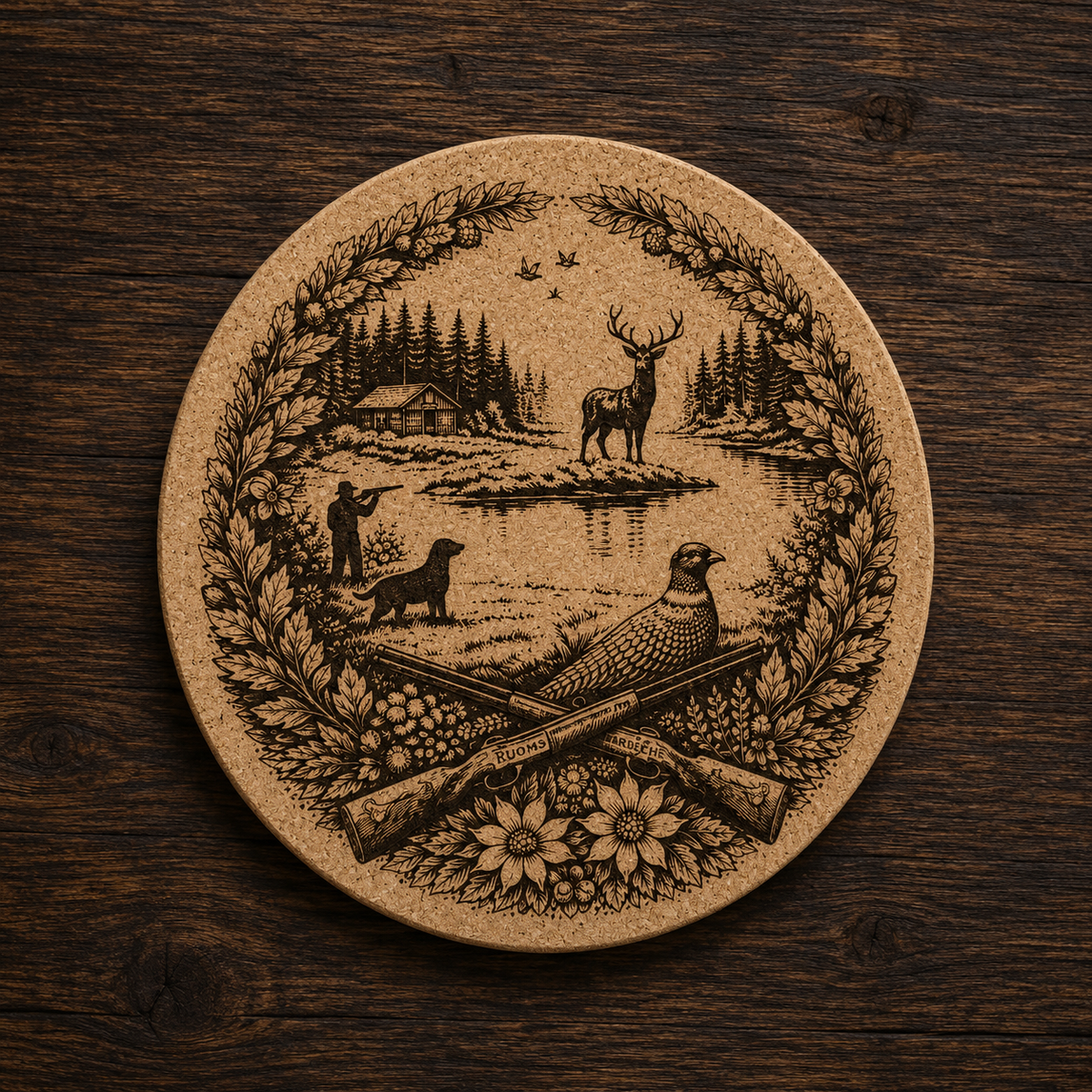 Univers chasse, gravure laser sur liège