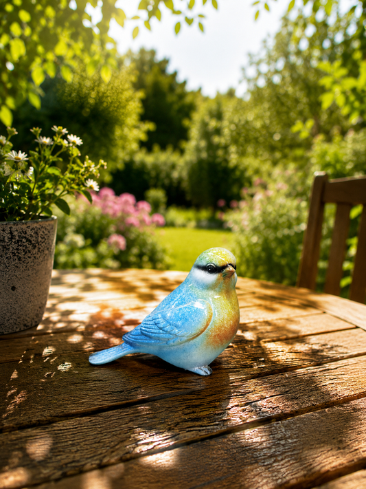 Oiseau décoratif bleu et orange en résine